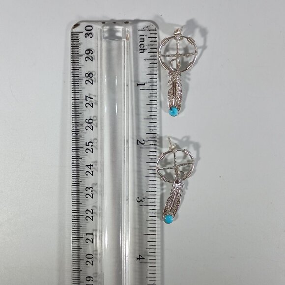 Native America Navajo Sterling Silver Turquoise Post / Dangling Feather Earrings - Picture 7 of 7